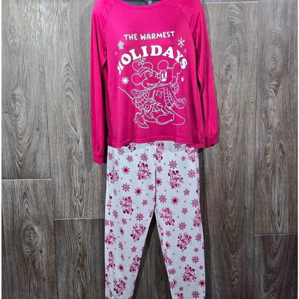 Disney Mickey Minnie Holiday Pajama Set‎ XS Rose Sangria Raglan Sleepwear - Picture 2 of 16
